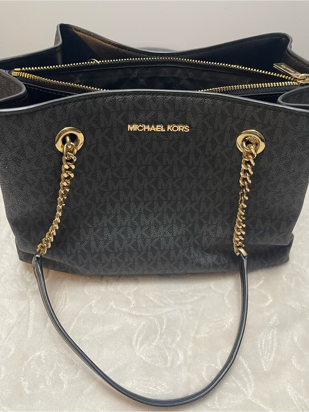 Michael Kors Black MK Signature Tote with Gold Chain Straps